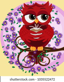 Cute beautiful flirtatious red owl on a branch with a cup of steaming coffee, tea or chocolate