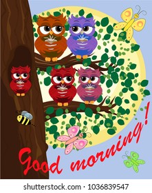 Cute beautiful flirtatious red owl on a branch with a cup of steaming coffee, tea or chocolate