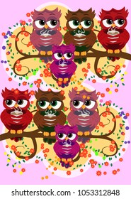Cute beautiful flirtatious red owl on a branch with a cup of steaming coffee, tea or chocolate