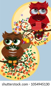 Cute beautiful flirtatious red owl on a branch with a cup of steaming coffee, tea or chocolate