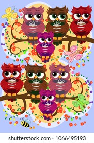 Cute beautiful flirtatious red owl on a branch with a cup of steaming coffee, tea or chocolate