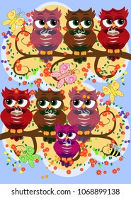 Cute beautiful flirtatious red owl on a branch with a cup of steaming coffee, tea or chocolate