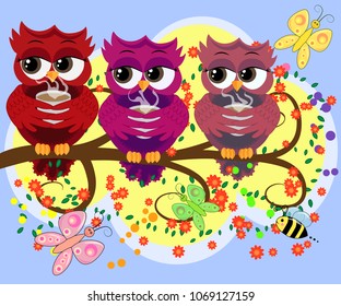 Cute beautiful flirtatious red owl on a branch with a cup of steaming coffee, tea or chocolate