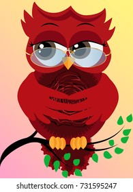 Cute beautiful flirtatious red owl on a branch with a rose and glasses on the nose