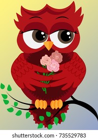 Cute beautiful flirtatious red owl on a branch with three roses in the wings