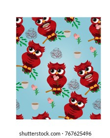 Cute beautiful flirtatious red owl on a branch with a cup of steaming coffee, tea or chocolate