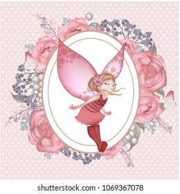 Cute, beautiful flying fairy. on a beautiful vintage background with roses and butterflies. Vector illustration, greeting card, vintage postcard.
