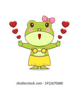Cute beautiful frog. Vector illustration of chibi character isolated on white background.