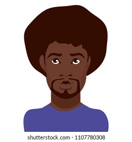 Cute, beautiful funny boy african american adult man, black man, afro hairstyle, in a blue t-shirt, disco. Modern vector flat image design isolated on white background