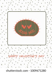 Cute beautiful funny Post card with cactus and hearts
and #kiss me. Romantic background design for post card, greeting cards, Valentine's Day, card, children design, lovely pastel colors, cacti 