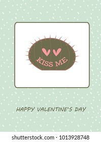 Cute beautiful funny vector illustration with cactus, hearts
and #kiss me. Romantic background design for postcard, greeting cards, letter card, Valentine's Day, children design, lovely pastel colors