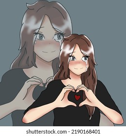 cute beautiful girl in a black shirt shows a heart with her hands