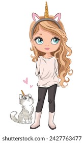 Linda chica hermosa y linda ilustración de gato. Gráficos de camiseta para niñas. Personaje de chica anime. Estilo japonés, dibujo de chica manga linda. Chica y gato lindos, tema unicornio para libros de cuento de hadas. Impresión de gato