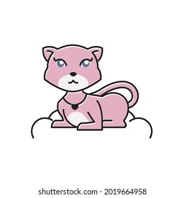 Cute Beautiful Girl Cat Sit on Cloud Pillow Flat Cartoon Illustration