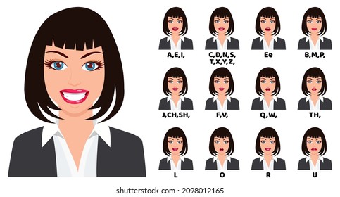 Cute beautiful girl character avatar and with mouth animation pack with lip syncing set for animation and sound pronunciation