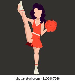 Cute, beautiful girl cheerleader, brunette with dark hair, red skirts and tops, white booties, sneakers, white socks, red pompons. Cheerleaders dances Modern vector image design isolated on black back