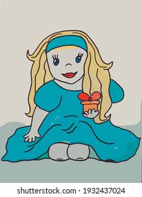 a cute and beautiful girl in a dress sits with a gift in her hand