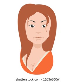 Cute, beautiful girl face is a builder, a painter, in an orange suit, with a can of paint and a paint roller. With long brown hair. Modern vector image design isolated on white background