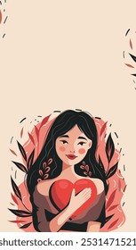 Cute beautiful girl with a heart in her hands on a background of flowers. Vector illustration postcard with space for text for the holiday Valentine's Day, Women's Day, Feminism Day in cartoon style