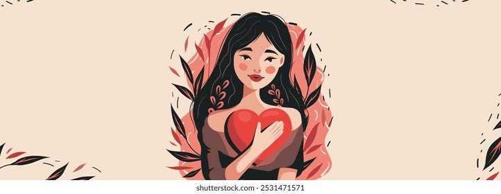 Cute beautiful girl with a heart in her hands on a background of flowers. Vector horizontal illustration postcard with place for text for the holiday Valentine's Day, Women's Day, Feminism Day in cart