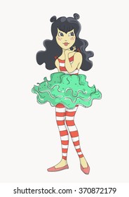 Cute, beautiful girl with long black hair in colorful dancing outfit.