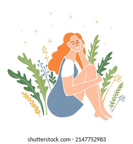 A cute beautiful girl with long red hair in blue dress sits lounging among the greenery. Woman enjoying nature. Colorful female character isolated on white. Flat, vector illustration.