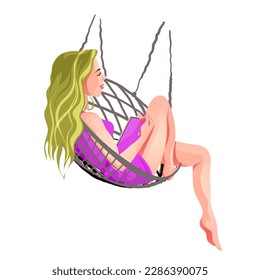 A cute beautiful girl in a pink dress lies in a hammock and reads a book. Cute girl in beautiful dress. Isolated vector illustration in cartoon style