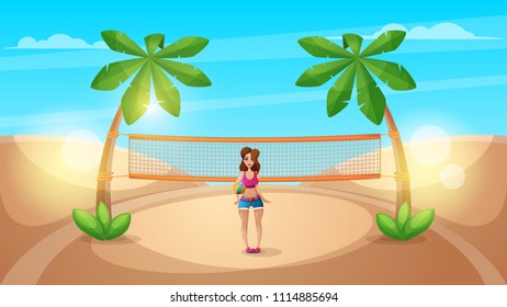 Cute beautiful girl play volleyball. Vector eps 10