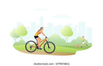 Cute beautiful girl rides a bicycle. Sport, healthy lifestyle. Active girl enjoying a bike ride in the park. Vector illustration.