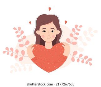 Hermosa chica en forma de corazón. El amor propio, el amor propio. Mujer feliz abrazando sus hombros. Ilustración vectorial. Carácter femenino lindo para la postal, San Valentín, Día Internacional de la Mujer