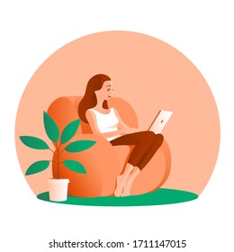 Cute beautiful girl sits with a laptop in a soft chair. A computer on her lap. Near houseplant. Vector illustration.