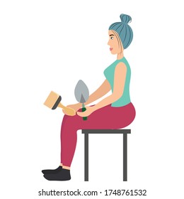 Cute and beautiful girl is sitting on a chair with a brush for paint and a trowel in her hands isolated on background. Gardening Tools. The working tool of the painter. Stock vector illustration
