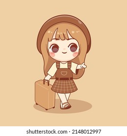 Cute beautiful girl traveling holiday holding luggage cartoon illustration.