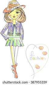 Cute beautiful girl ,vector illustration hand drawn. Girls T-shirts graphic. Children fashion design. 