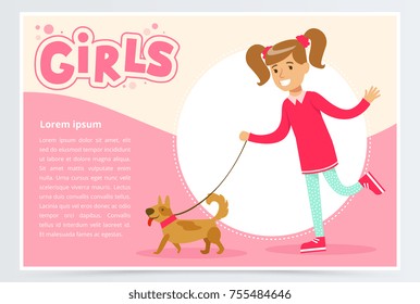Cute beautiful girl walking with her dog, girls banner flat vector element for website or mobile app