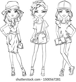 Cute beautiful girls in t-shirt and skirt or shorts, hats and with bags. Line art