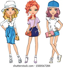 Cute beautiful girls in t-shirt and skirt or shorts, hats and with bags