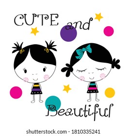 cute and beautiful girls vector illustration, T-shirt graphics design for kids