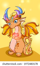 Cute and beautiful gold dragon with love design animal cartoon illustration