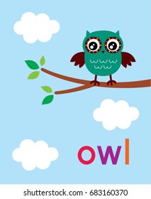 Cute beautiful green owl on a branch in spring