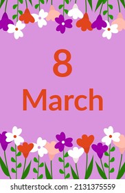 Cute and beautiful greeting card for March 8. Spring white, red, purple flowers on a violet background. Women's Day. Vector illustration. Flat style.