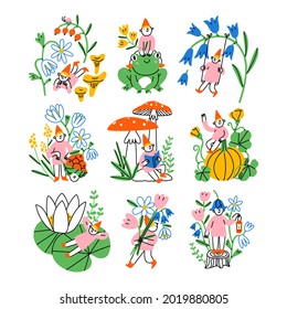 Cute beautiful hand drawn vector illustrations set about magic, gnomes and their secret life in the garden