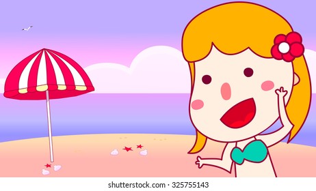 A cute beautiful happy hula girl, young lady with bikini top and hibiscus flower ornamental hair decoration cartoon character waving hands, have fun playing games at Hawaii island beach. Rosy sunset.