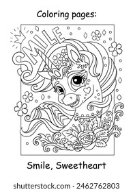 Cute and beautiful head of unicorn with flowers. Lettering Smile. Kids coloring book page. Vector cartoon illustration isolated on white background. For education, print, game, decor, puzzle, design