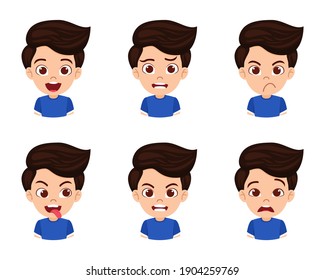 Cute beautiful kid boy character showing emotions and different facial expressions isolated with beautiful t-shirt