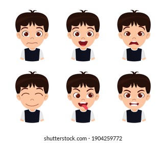 Cute Beautiful Kid Boy Character Showing Emotions And Different Facial Expressions With Black T-shirt  Isolated