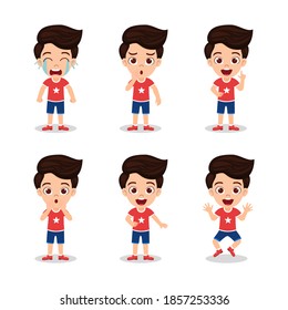 Cute beautiful kid boy with different expressions and with six different actions doing isolated on a white background