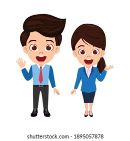 Cute beautiful kid businessman and businesswoman standing and waving and pointing with business outfits isolated