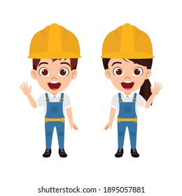 Cute Beautiful Kid Construction Worker Boy And Girl Character Standing And Waving With Construction Worker Outfits Isolated