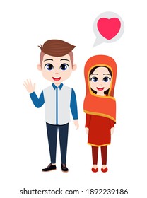 Cute beautiful kid couple character standing and waving with heart shape with traditional dress isolated